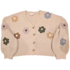 Entro 3D Floral Applique Cardigan Large Chunky Knit Boho Flower Cropped Sweater